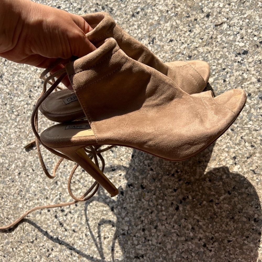 LULUS | Camel Suede Ankle Sandals Heels